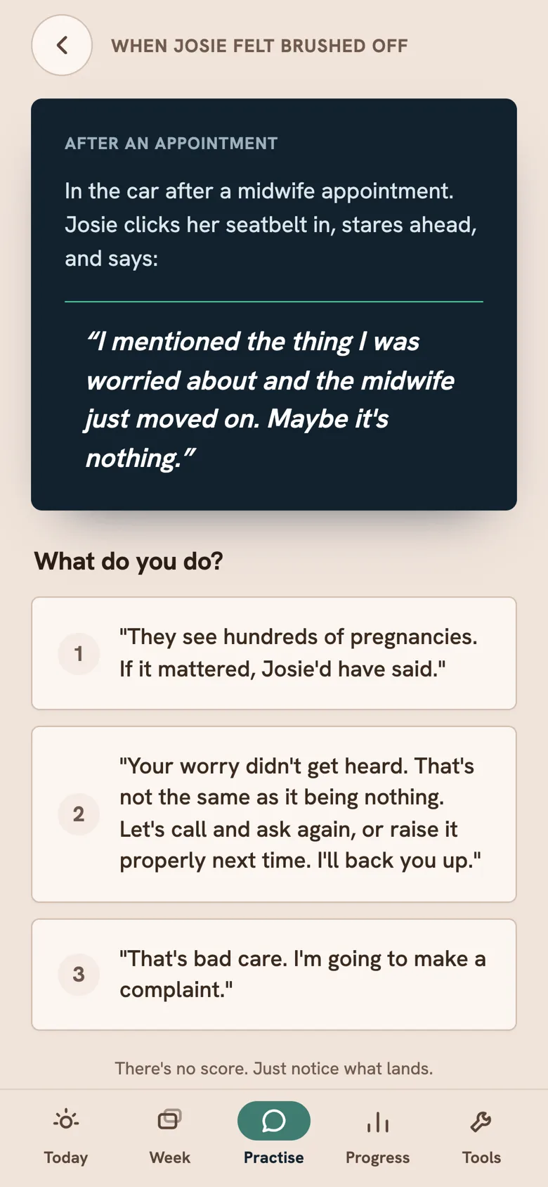 A rehearsal scenario mid-branch, with two replies to choose between.